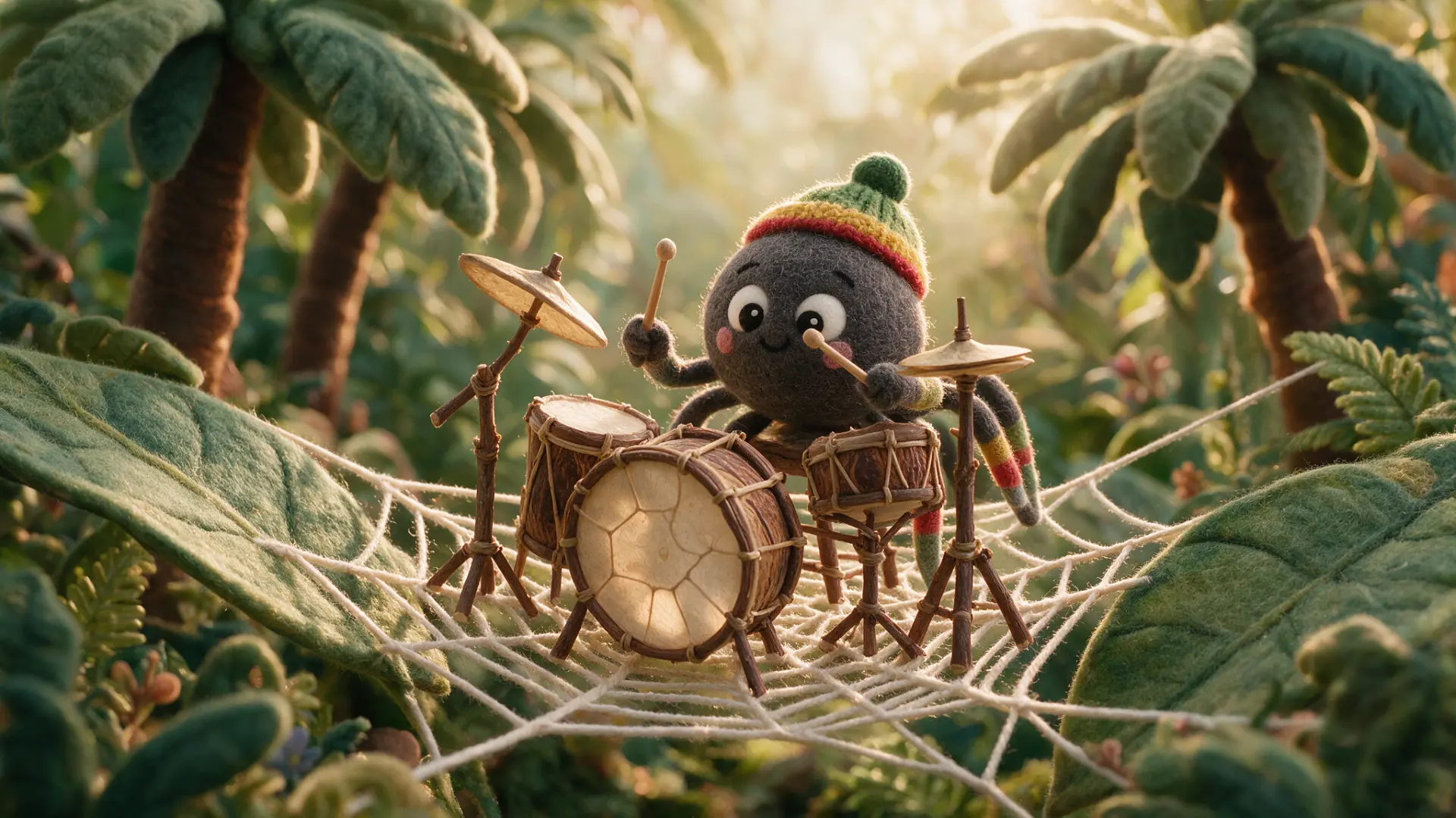 Le Grand Saut — scene with a felt drummer on a web
